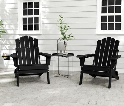 FOOWIN Adirondack Chair, Folding HDPE Patio Chair with Cup Holder, 400LBS Heavy Duty Plastic Outdoor Chair for Fire Pit, Porch, Balcony, Deck, Weather Resistant, Black