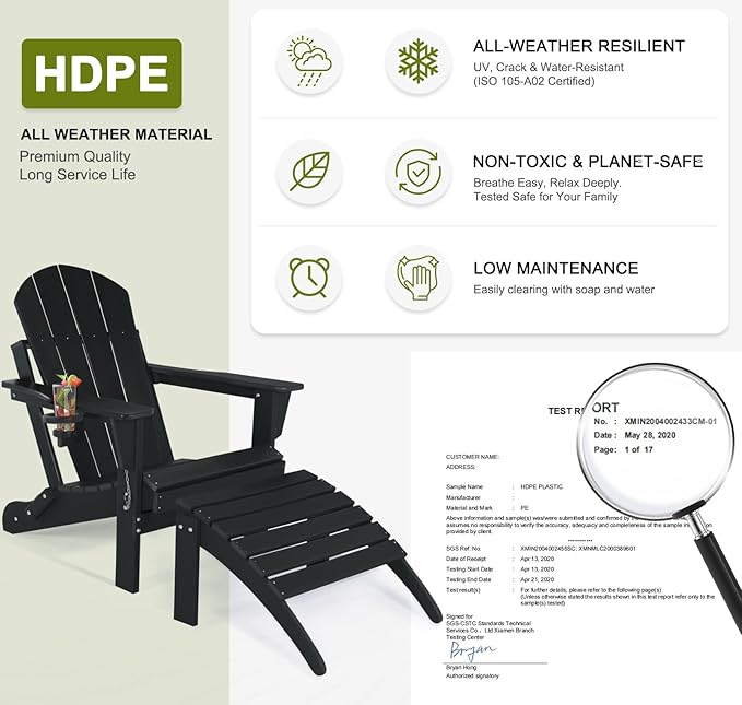 Folding Adirondack Chair with Footrest - Outdoor Weather Resistant Plastic Adirondack Chairs with Detachable Ottoman, Stackable Seating with Cup Holder for Patio (Seat Width 20", Black)