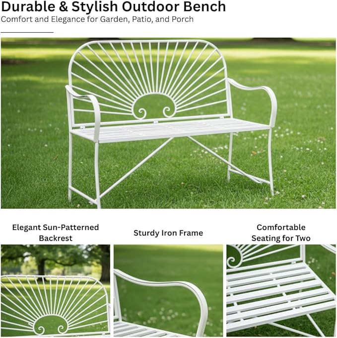 XBrand 44" L Iron Sun-Patterned Seat for Two, Patio & Porch Furniture for Park, Yard, Lawn, Balcony, Backyard – White - Photo 7