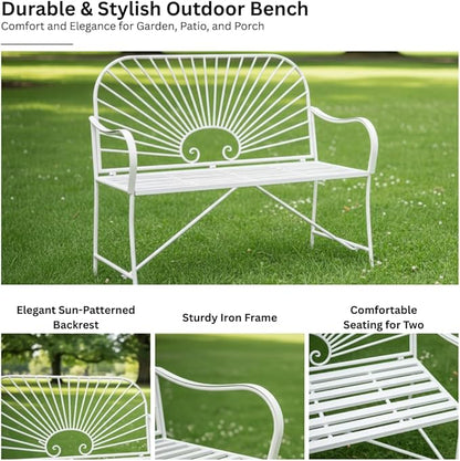 XBrand 44" L Iron Sun-Patterned Seat for Two, Patio & Porch Furniture for Park, Yard, Lawn, Balcony, Backyard – White