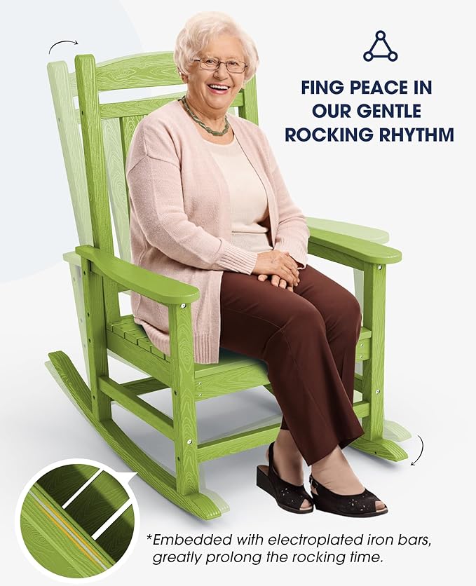 KINGYES Outdoor Rocking Chair Set of 2, HDPE Patio Rocking Chairs with 330lbs Support for Adults, Pistachio Green