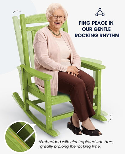 KINGYES Outdoor Rocking Chair Set of 2, HDPE Patio Rocking Chairs with 330lbs Support for Adults, Pistachio Green