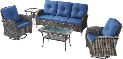 5 Pieces Wicker Patio Furniture Set-Outdoor Swivel Rocker Patio Chairs Patio Sofa Set with Tempered Glass Top Outdoor Coffee Table for Deck Lawn Porch Balcony Poolside-Brown/Blue