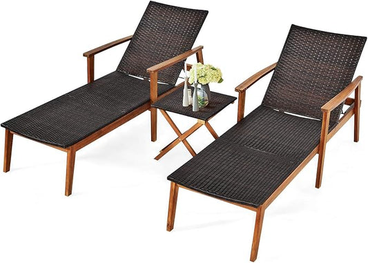 Tangkula 3 Pieces Outdoor Chaise Set, Wicker Rattan Lounge Chair w/Acacia Wood Frame, 4 Adjustable Positions Patio Wicker Lounge Set & Foldable Side Table, Suitable for Lawn, Backyard (Mix Brown)