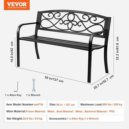 VEVOR Outdoor Bench, 50 inches Metal Garden Bench for Outdoors, 550 lbs Load Capacity Bench, Outdoor Garden Park Bench with Backrest and Armrests, Patio Bench for Garden, Park, Yard, Front Porch
