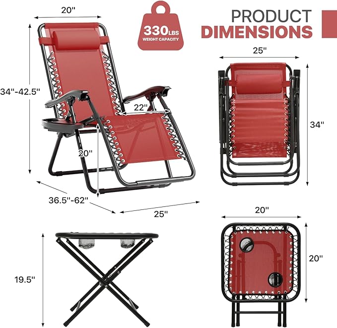 Magshion Folding Zero Gravity Chairs Set of 2, Outdoor Reclining Camping Chairs, Patio Lounge Recliners with Side Table & Cup Holder Tray, Maroon