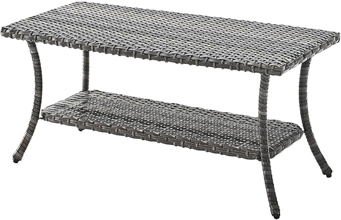 Rilyson Patio Tables Outdoor Coffee Table - Wicker Rattan Coffee Tables with 2-Tier Storage Shelf Side Table for Porch Deck Balcony Garden Outside Rectangle Mixed Grey