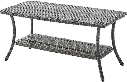 Rilyson Patio Tables Outdoor Coffee Table - Wicker Rattan Coffee Tables with 2-Tier Storage Shelf Side Table for Porch Deck Balcony Garden Outside Rectangle Mixed Grey