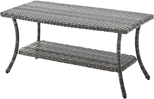 Rilyson Patio Tables Outdoor Coffee Table - Wicker Rattan Coffee Tables with 2-Tier Storage Shelf Side Table for Porch Deck Balcony Garden Outside Rectangle Mixed Grey