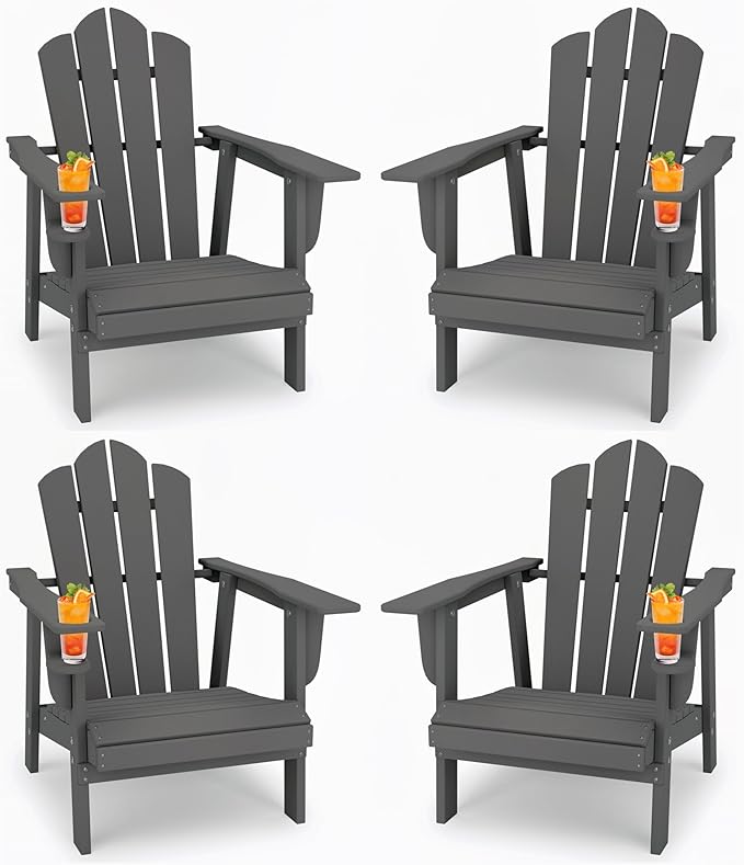 PROHIKER Adirondack Chair with Cup Holder, Plastic Patio Chair, All Weather Outdoor Chairs for Fire Pit Lawn Garden Porch Backyard (Gray, 4 Pack)