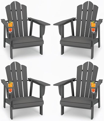 PROHIKER Adirondack Chair with Cup Holder, Plastic Patio Chair, All Weather Outdoor Chairs for Fire Pit Lawn Garden Porch Backyard (Gray, 4 Pack)