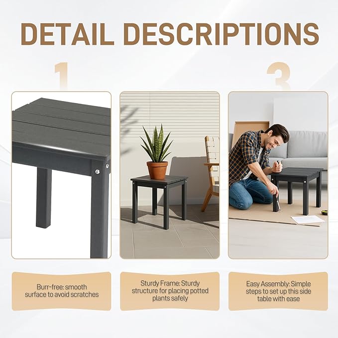 Outvita Adirondack Side Table, 18 Inch Square Outdoor End Table, HDPE Weather Resistant Coffee Table for Patio Balcony Deck Garden, Gray
