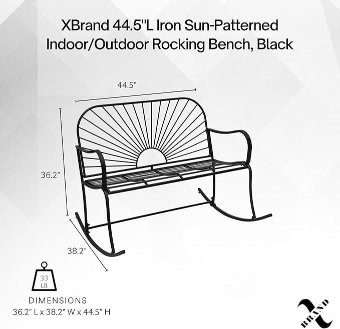 XBrand 44.5" L Iron Sun-Patterned Seat for Two Indoor/Outdoor Rocking Bench, Durable Patio Glider Bench, Black