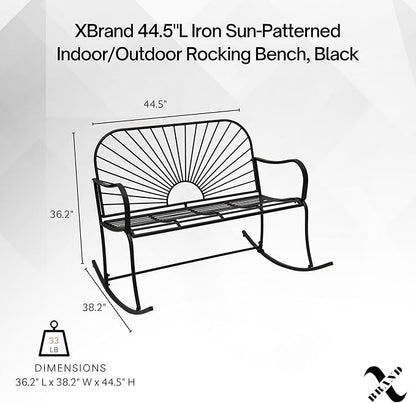 XBrand 44.5" L Iron Sun-Patterned Seat for Two Indoor/Outdoor Rocking Bench, Durable Patio Glider Bench, Black
