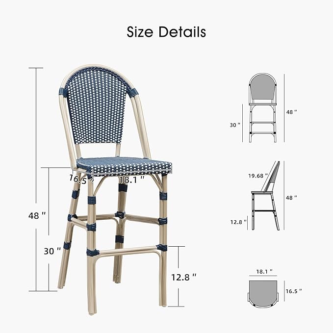 PURPLE LEAF French Bar Stool Set of 2 White Print Finish Patio Bar Stools with Back Rattan Chairs Wicker Bar Height - Photo 6