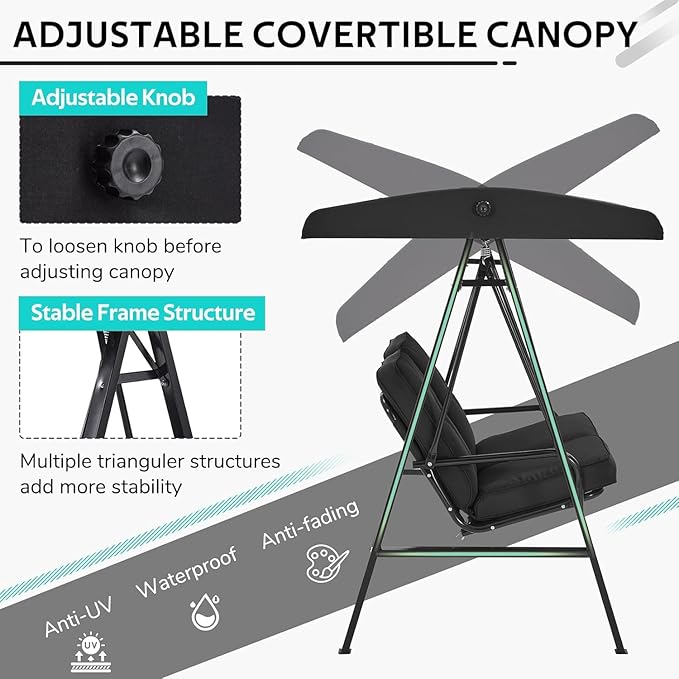 AECOJOY 2-Seat Outdoor Patio Swing Chair with Adjustable Canopy, Porch Swings Chairs for Adult - Photo 2