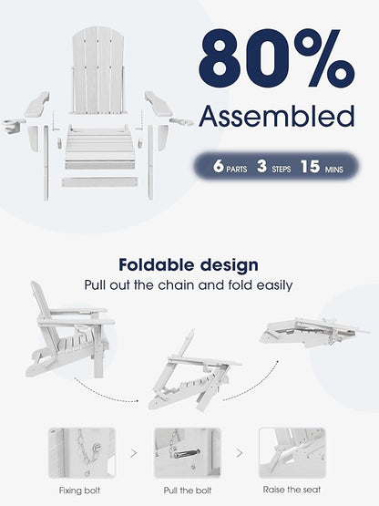 KINGYES Folding Adirondack Chair Set of 2, Dual Cup Holders & All-Weather HDPE, Wood-Like Patio Chair for Backyard, Camping, Pool & Fire Pit, White