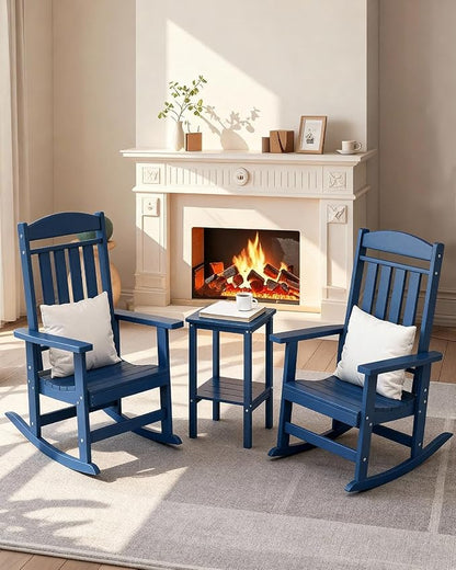 3-Piece Outdoor Rocking Chair Set, Oversized Porch Rocking Chair Set of 2 with Side Table, HDPE High Back Patio Rocking Chair, Suitable for Patio, Porch, Backyard, Navy Blue