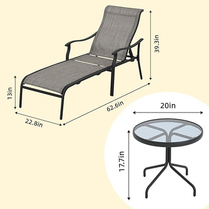 HAPPATIO Patio Chaise Lounge Set 6 Pieces,Patio Lounge Chair with Glass Coffee Table,Pool Lounge Chair with Breathable Textilene Fabric,Patio Chaise Lounge (Gray)