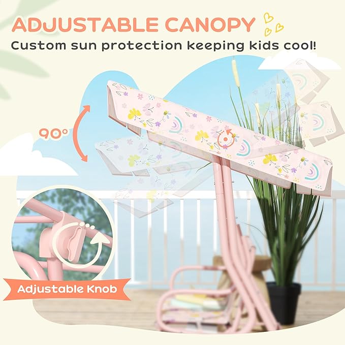 Qaba Kids Patio Swing, 2-Seater Outdoor Porch Swing Chair with Adjustable Canopy, Safety Belt - Photo 4
