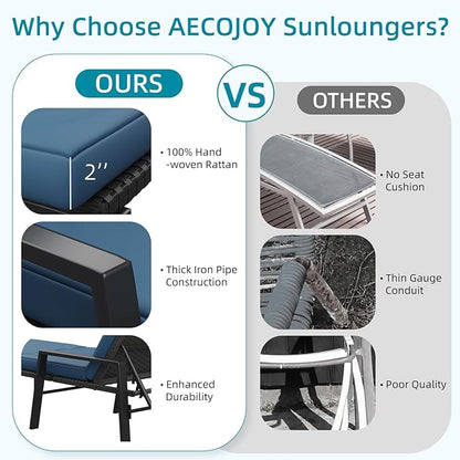 AECOJOY Lounge Chair Outdoor Set of 2, Adjustable Wicker PE Rattan Patio Chaise Chairs with Removable Cushion for Beach, Pool, Lawn, Black Rattan&Dark Blue Cuchion