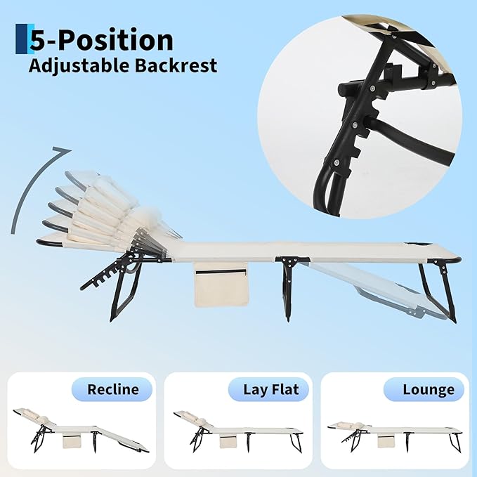 Tanning Chair with Face Hole Folding Beach Lounge Chair,5-Position Adjustable Backrest, Pillow & Side Pocket,Portable Face Down Chaise Lounge for Outdoor Backyard Poolside,Beach, Patio,Beige