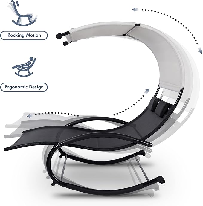 Double Chaise Lounge, Outdoor Bed Lounger with Sun Shade & Wheels, Double Lounge Chair with Canopy & Headrest Pillows for Patio, Yard, Lawn, Black