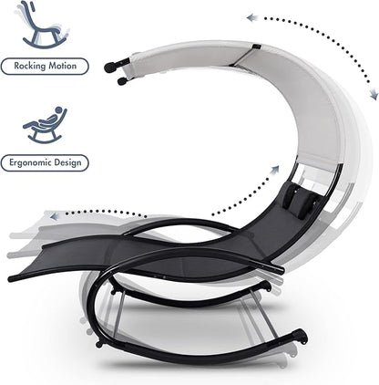 Double Chaise Lounge, Outdoor Bed Lounger with Sun Shade & Wheels, Double Lounge Chair with Canopy & Headrest Pillows for Patio, Yard, Lawn, Black