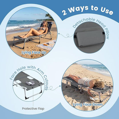 COSTWAY Tanning Chair with Face Hole, Folding Sun Bathing Lounge Chair with Armrest, Side Pocket & Protective Flap, Face Down Layout Chair for Beach, Patio, Pool, Outside (2, Grey)