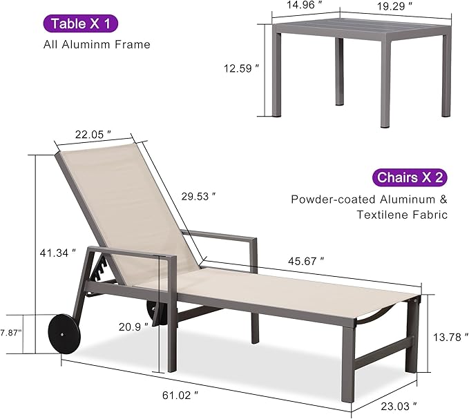 PURPLE LEAF Outdoor Chaise Lounge Set for 2 Aluminum Patio Chaise Lounger Chair with Armrest and Wheels Adjustable Pool Chaise Lounge Chairs for Beach Yard Poolside Table Included, Khaki