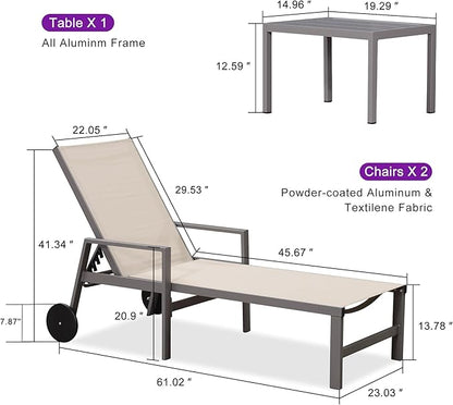 PURPLE LEAF Outdoor Chaise Lounge Set for 2 Aluminum Patio Chaise Lounger Chair with Armrest and Wheels Adjustable Pool Chaise Lounge Chairs for Beach Yard Poolside Table Included, Khaki