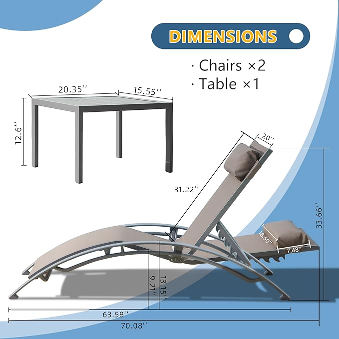 Domi Pool Lounge Chairs Set of 2 with Side Table, Aluminum Adjustable Outdoor Chaise Lounge, All Weather Poolside Chairs for Deck Lawn Poolside, Textilene (Khaki)