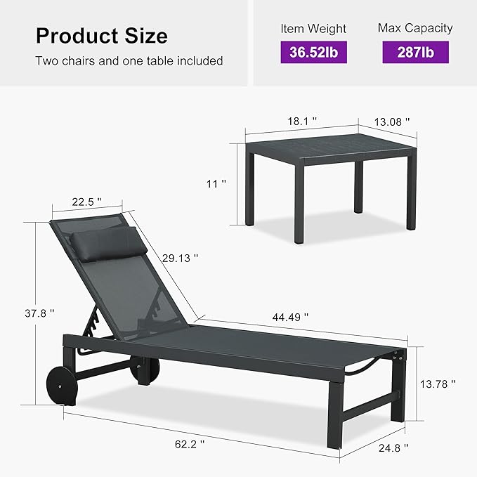 PURPLE LEAF Patio Lounge Chair Set of 3 Outdoor Chaise Lounger Aluminum Frame with Side Table and Wheels for Pool - Photo 8