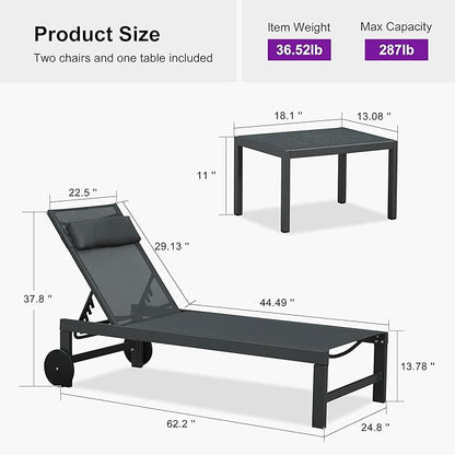 PURPLE LEAF Patio Lounge Chair Set of 3 Outdoor Chaise Lounger Aluminum Frame with Side Table and Wheels for Pool Outside Sunbathing Tanning Recliner Including Pillows Gray