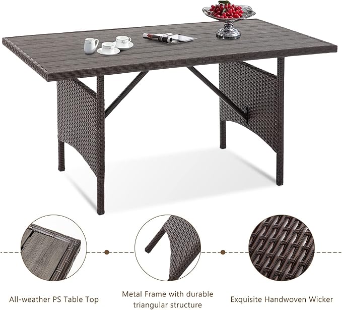 U-MAX Wicker Outdoor Dining Table, 54” Metal Frame Table for Patio Furniture or Indoor (Brown)