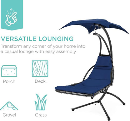 Best Choice Products Outdoor Hanging Curved Steel Chaise Lounge Chair Swing w/Built-in Pillow and Removable Canopy - Navy Blue