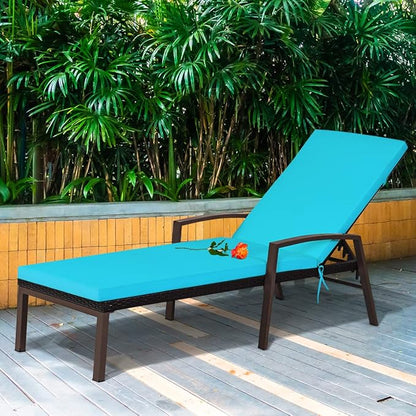 COSTWAY PE Rattan Lounge Chair Outdoor, Patio Wicker Chaise Lounge with 5-Position Adjustable Backrest, Soft Cushion & Arm Rest, Pool Lounger for Poolside, Deck, Backyard (Turquoise)