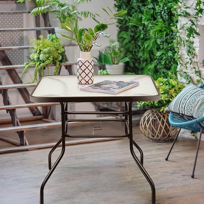 32in Outdoor Table Patio Dining Table Outdoor Dining Table with Umbrella Hole Square Tempered Glass for Yard Bistro - Photo 8