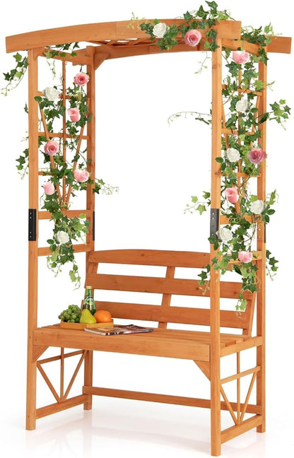6.25ft Garden Arbor with Bench, Wooden Arch w/Side Trellis for Climbing Plants & Vines, 2-Person Outdoor Seating, Country Botanicals Decoration for Backyard, Deck, Patio
