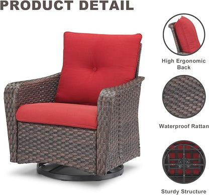 Rilyson Outdoor Patio Swivel Rocker Chairs - 2 PC Wicker Rattan Patio Rocker Glider Chair Set with High Back,Comfy Cushions and Deep Seating for Porch Deck Backyard Garden(Brown/Red)