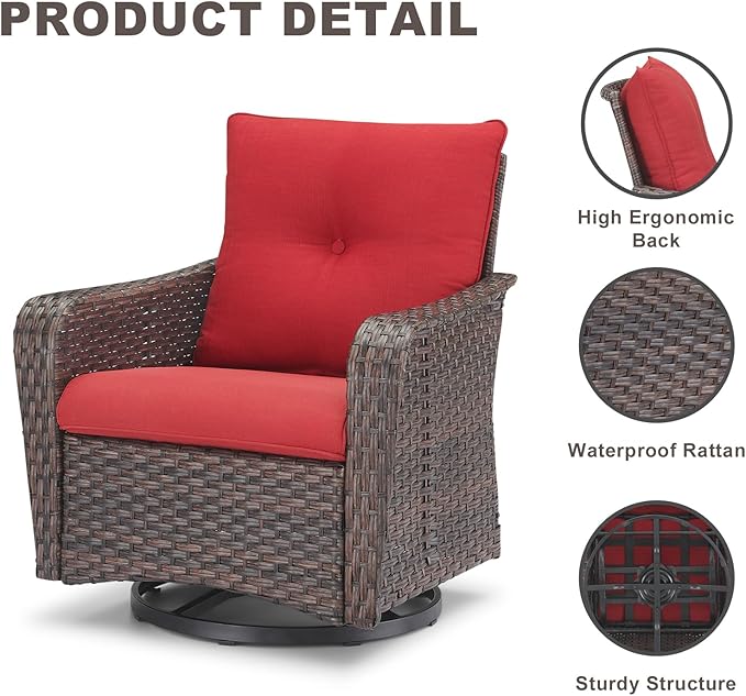 Rilyson Outdoor Patio Swivel Rocker Chairs - 4 PC Wicker Rattan Patio Rocking Glider Chair Set with High Back,Comfy Cushions and Deep Seating for Porch Deck Backyard Garden(Brown/Red)