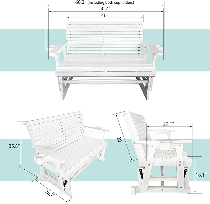 Fortune Candy Patio Glider with Cup Holders, High Roll Back and Deep Contoured Seat,Heavy Duty 800 Lb (White, 2-Seater) - Photo 2