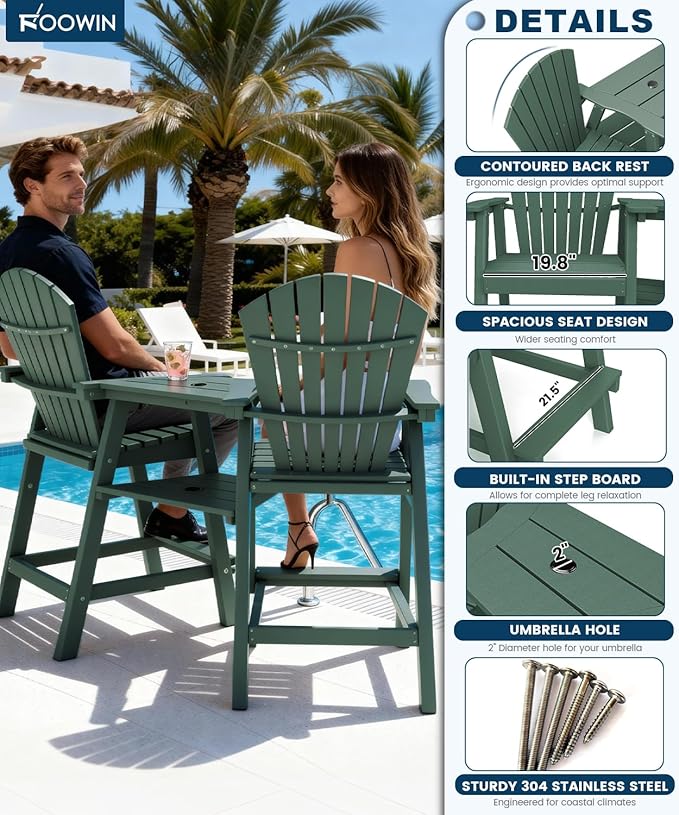 FOOWIN Tall Adirondack Chair Set of 2, All Weather HDPE Bar Height Adirondack Chair with Double Connecting Trays, Adirondack Barstools for Balcony, Deck, Backyard, Patio, Garden Dark Green