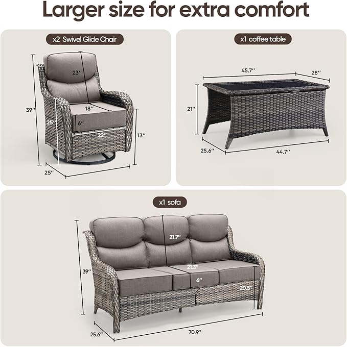 Swivel Patio Chairs sofa Set of 4 with 6" Thick Cushion - Wicker Outdoor Swivel Rocker Patio Chair ,Sofa/Glass coffee - Photo 4