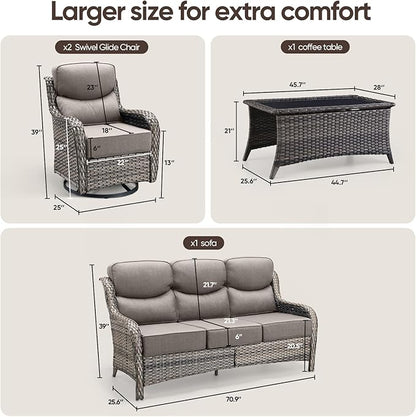 Swivel Patio Chairs sofa Set of 4 with 6" Thick Cushion - Wicker Outdoor Swivel Rocker Patio Chair ,Sofa/Glass coffee table, High Back Comfortable Outdoor Glider Chairs - Grey Wicker | Grey Cushions