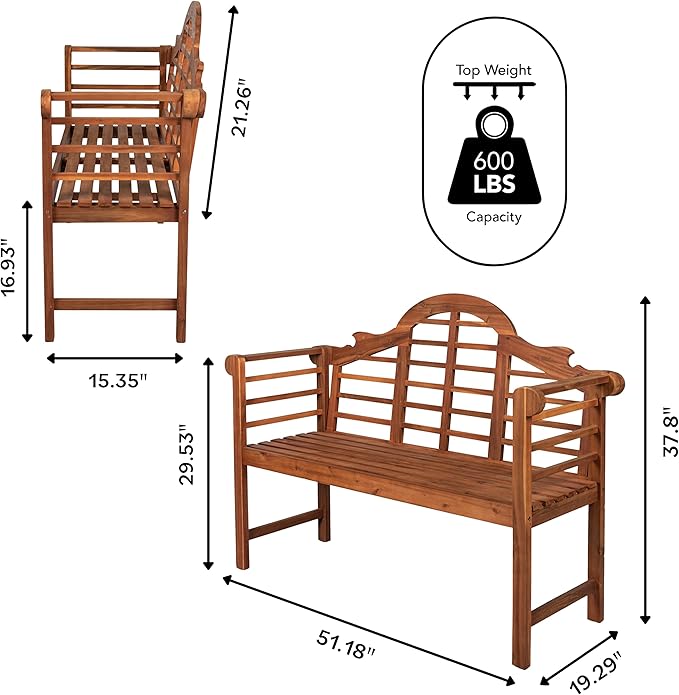 Eyely HNB103A Lucy 51.2" 3-Seat Arched 600-Lbs Support Acacia Wood Outdoor Garden Patio Bench for Garden, Lawn, Backyard, Pool, Deck, Beach, Firepit, Teak