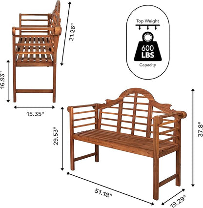 Eyely HNB103A Lucy 51.2" 3-Seat Arched 600-Lbs Support Acacia Wood Outdoor Garden Patio Bench for Garden, Lawn, Backyard, Pool, Deck, Beach, Firepit, Teak