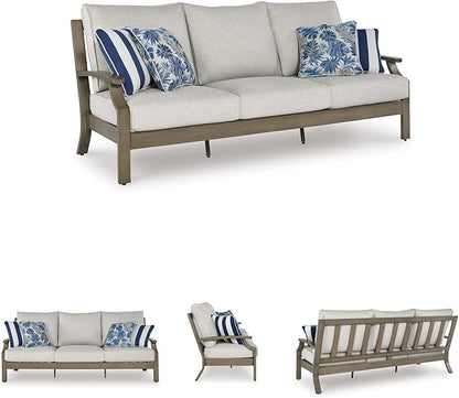 Signature Design by Ashley Rainier Ranch Casual Nuvella Weather Resistant Fabric, Outdoor Sofa with Cushion and 4 Accent Pillows, Light Brown & Light Gray