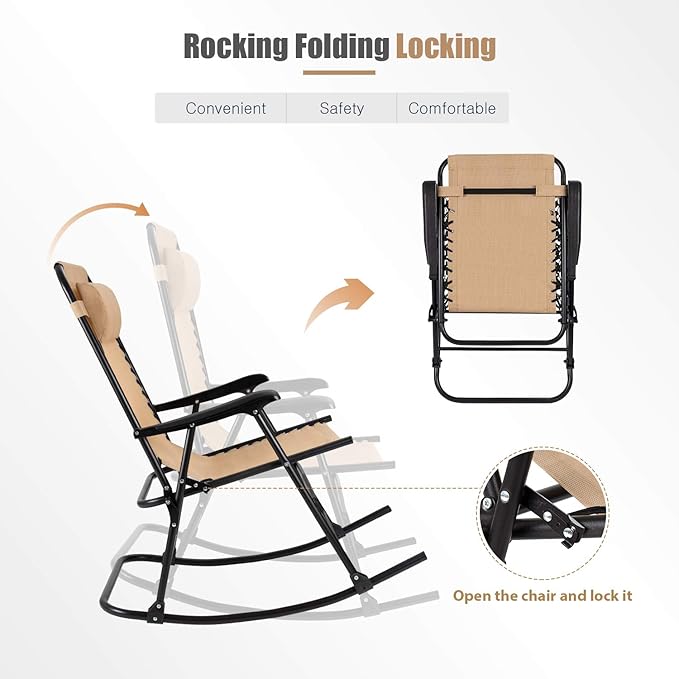Flamaker Patio Rocking Chair Zero Gravity Chair Outdoor Folding Recliner Foldable Lounge Chair Outdoor Pool Chair for Patio, Poolside and Camping (Beige)