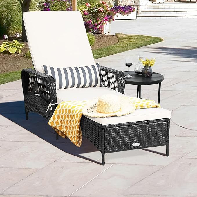 HAPPYGRILL Patio Chaise Lounge Chair Set of 2, Outdoor Rattan Wicker Recliner with Thick Cushion, Lumbar Pillow, Adjustable Backrest for Garden Porch Lawn Poolside